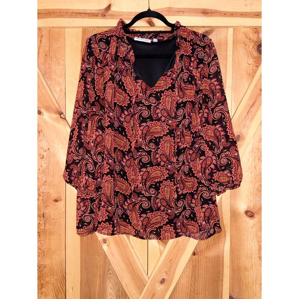 Notations Orange & Black Ruffle Paisley Chiffon Blouse Size 1X Plus Boho Chic